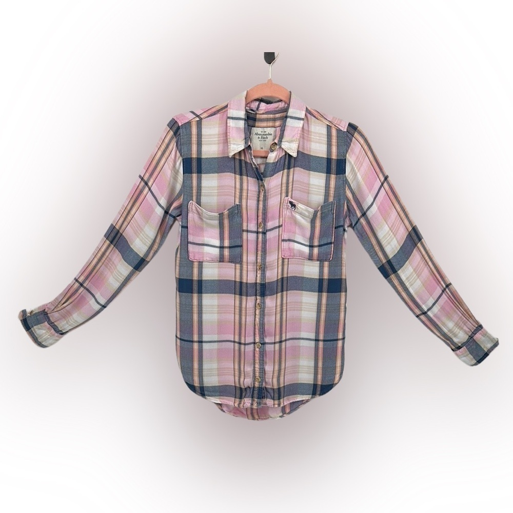 Abercrombie&Fitch Y2K Western Preppy Skater Pink&Blue Long Sleeve B/F Shirt SzXS - Picture 1 of 10